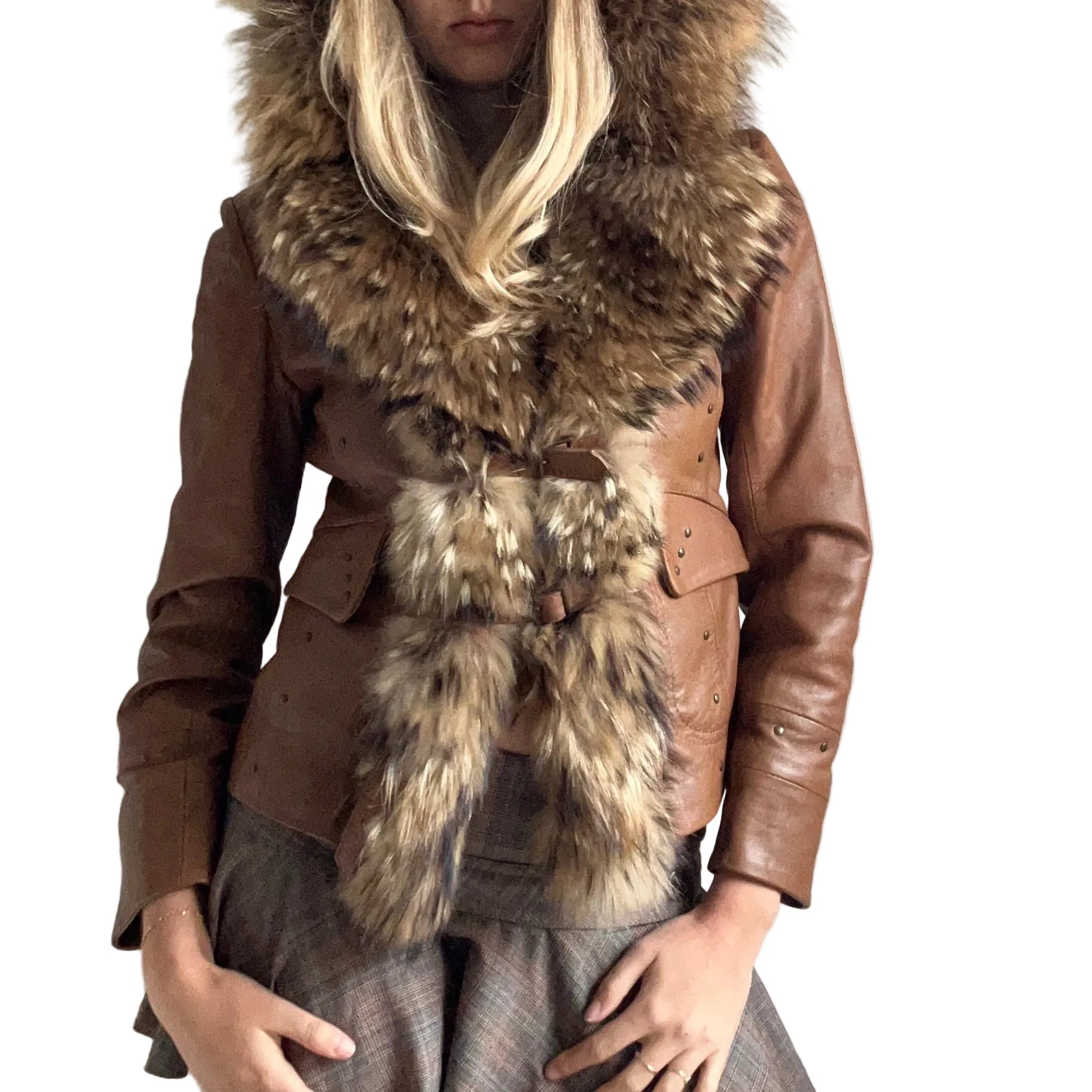 Fur + leather jacket with hood: S/M