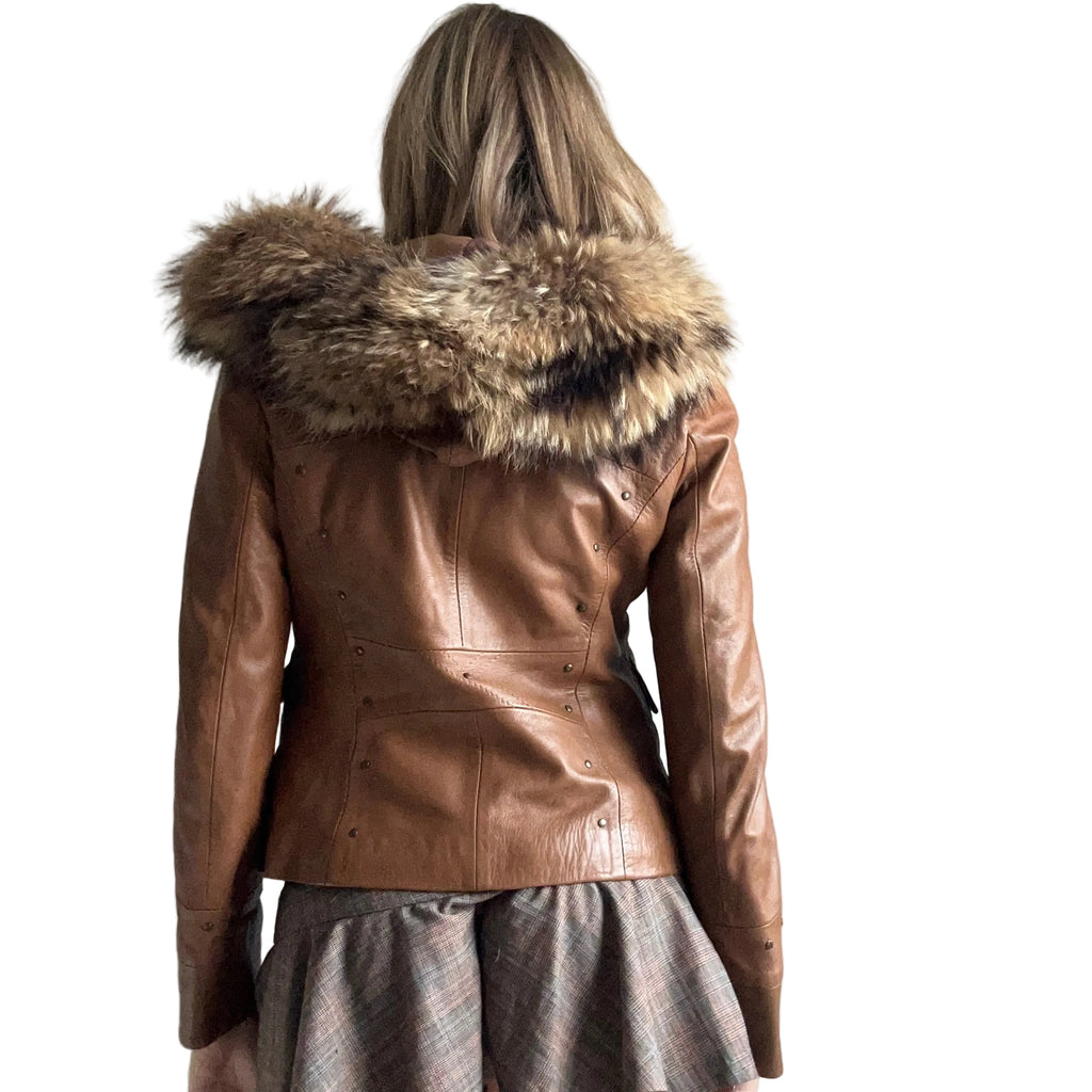 Fur + leather jacket with hood: S/M