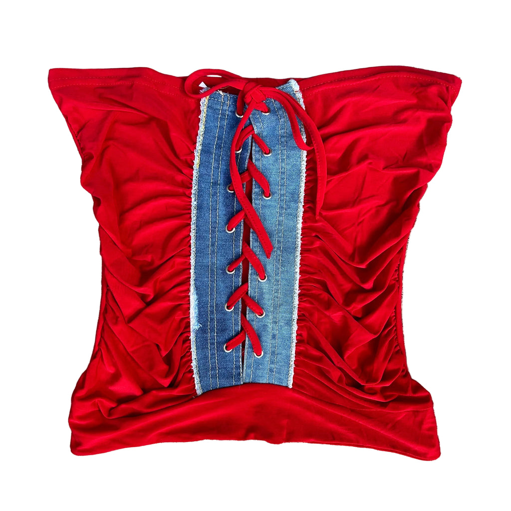 Red strapless top with lace up front: M-L