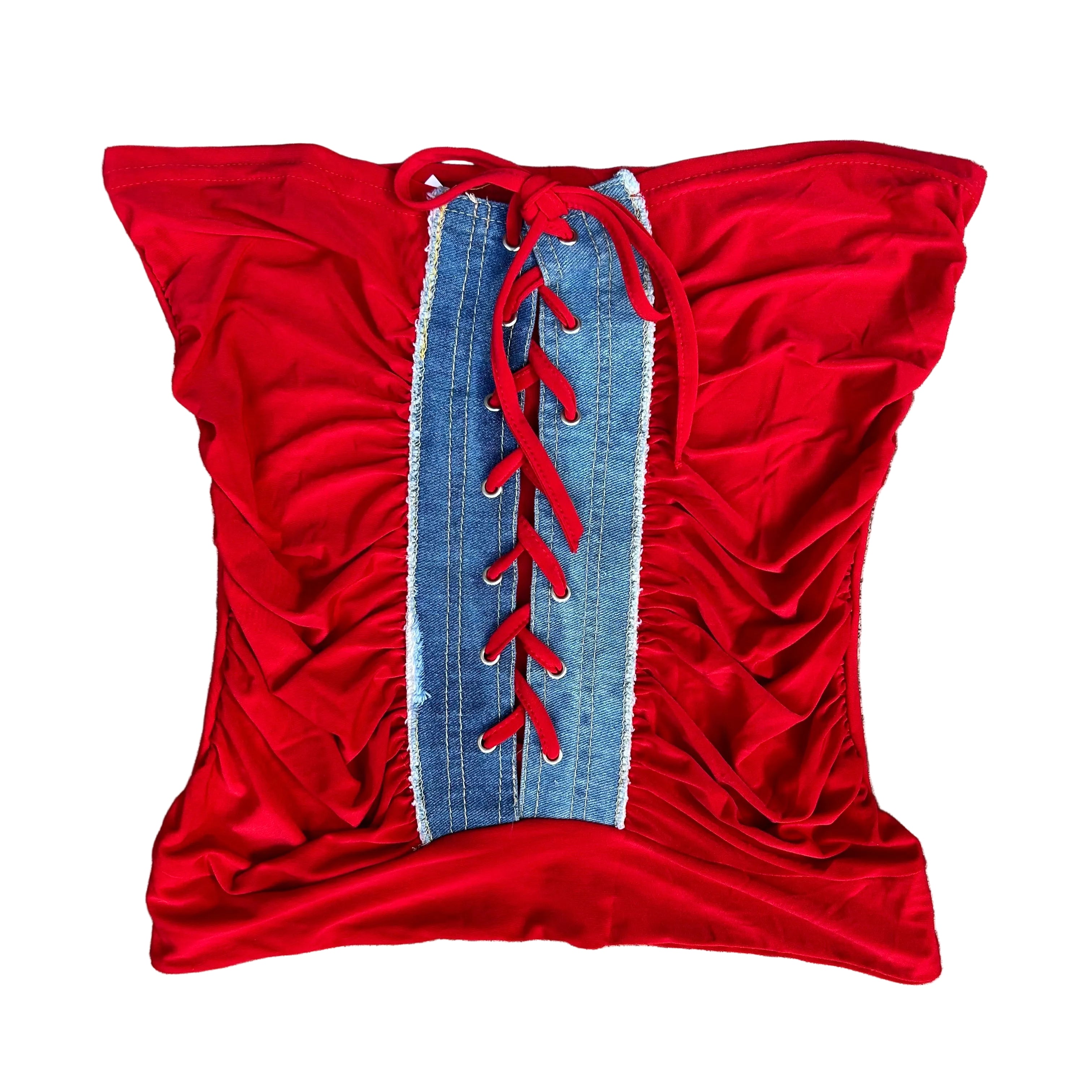 Red strapless top with lace up front: M-L