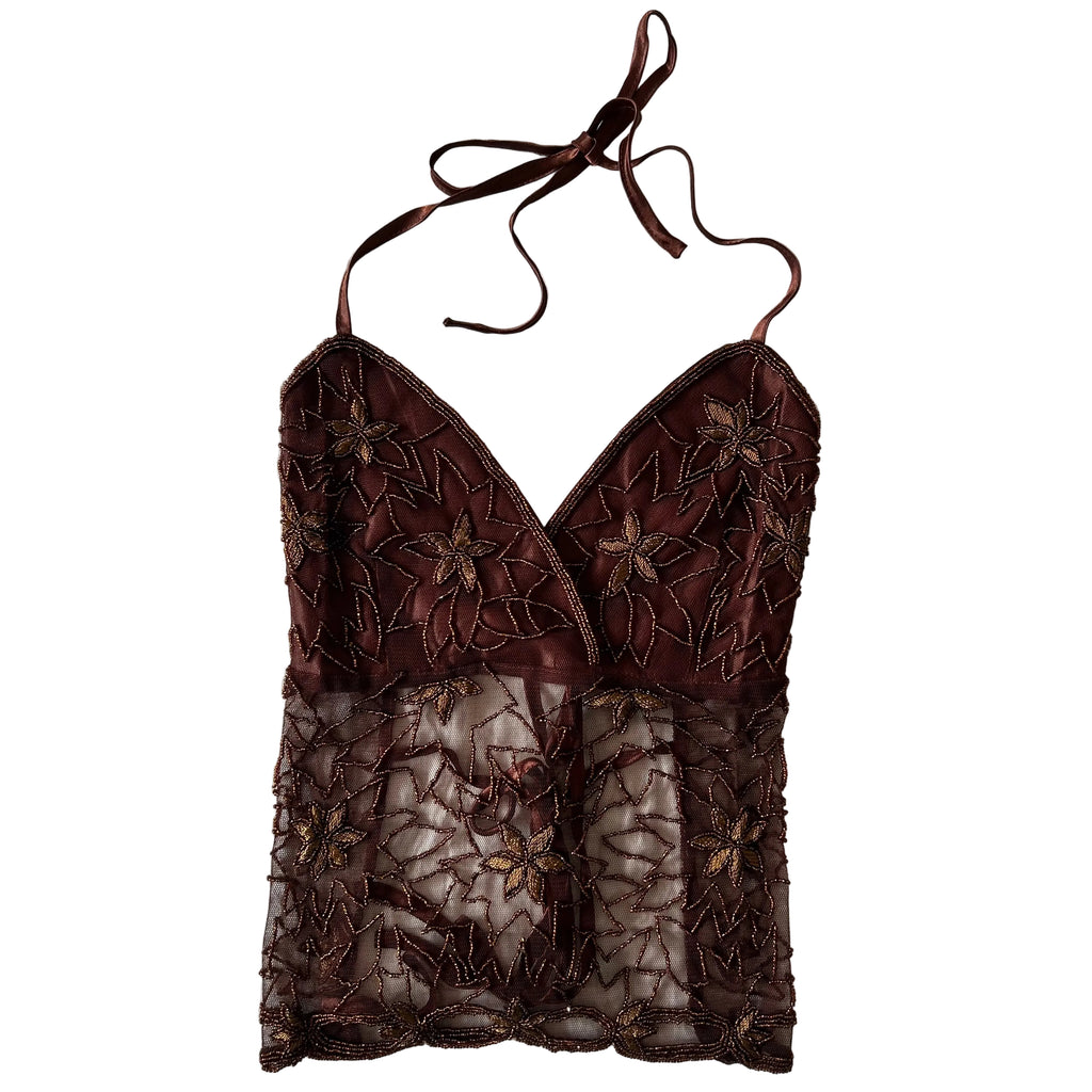 Brown beaded halter/ tie up top M/L