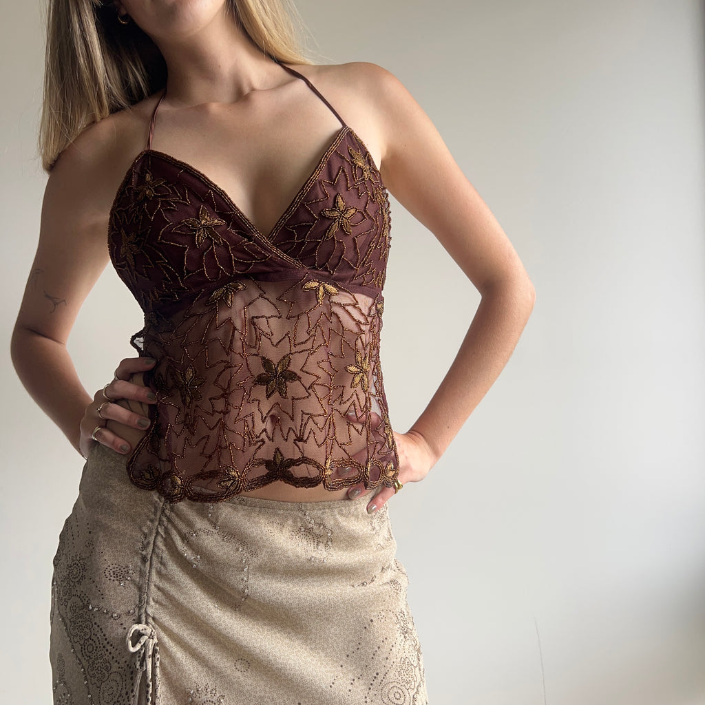 Brown beaded halter/ tie up top M/L