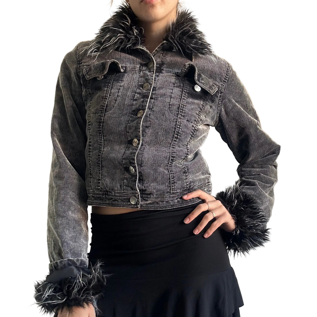 Fishbone corduroy faux fur jacket: S