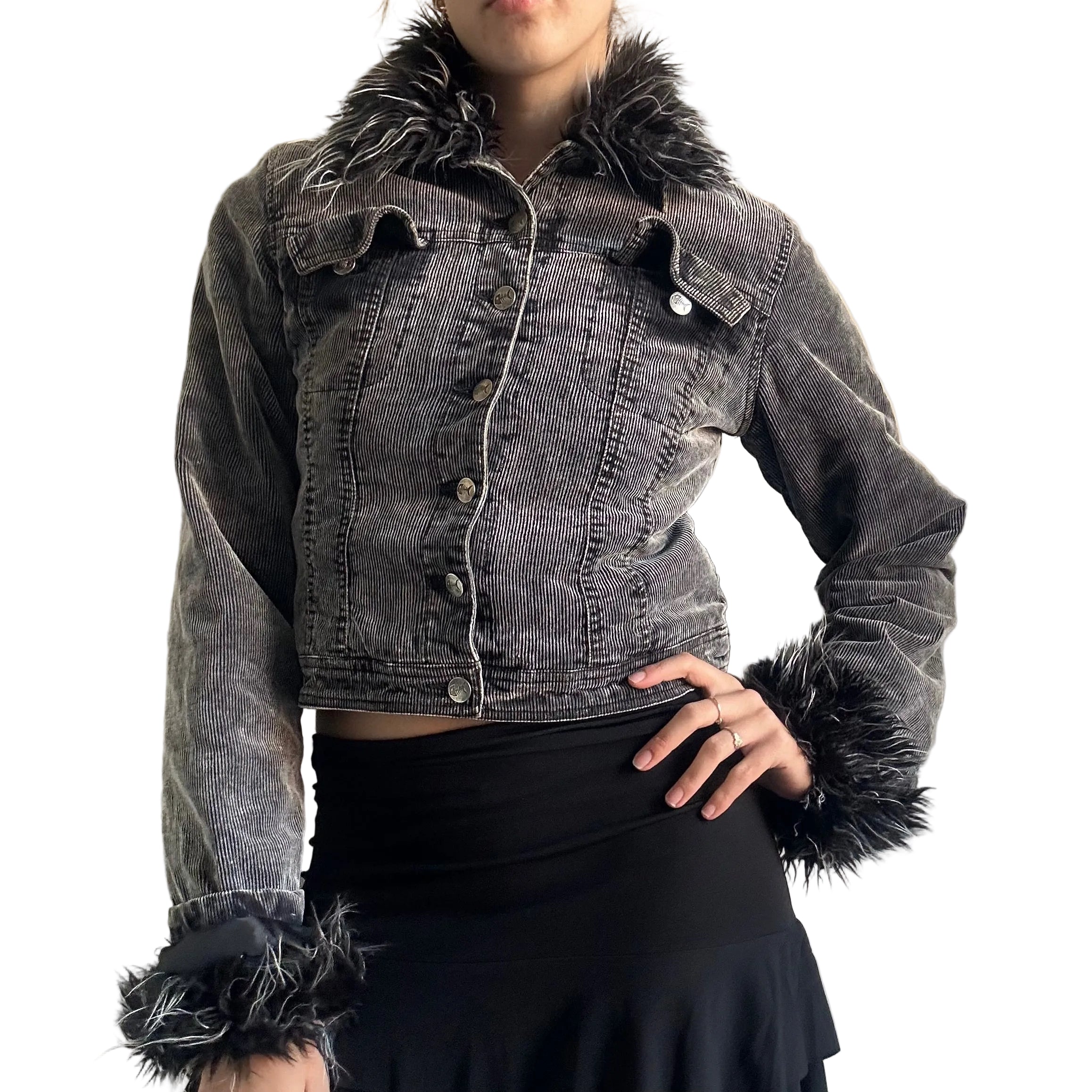 Fishbone corduroy faux fur jacket: S