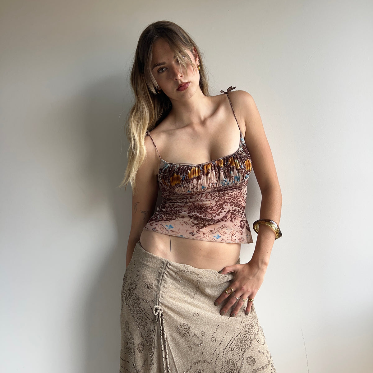 Brown paisley cami with tie up straps XS/S