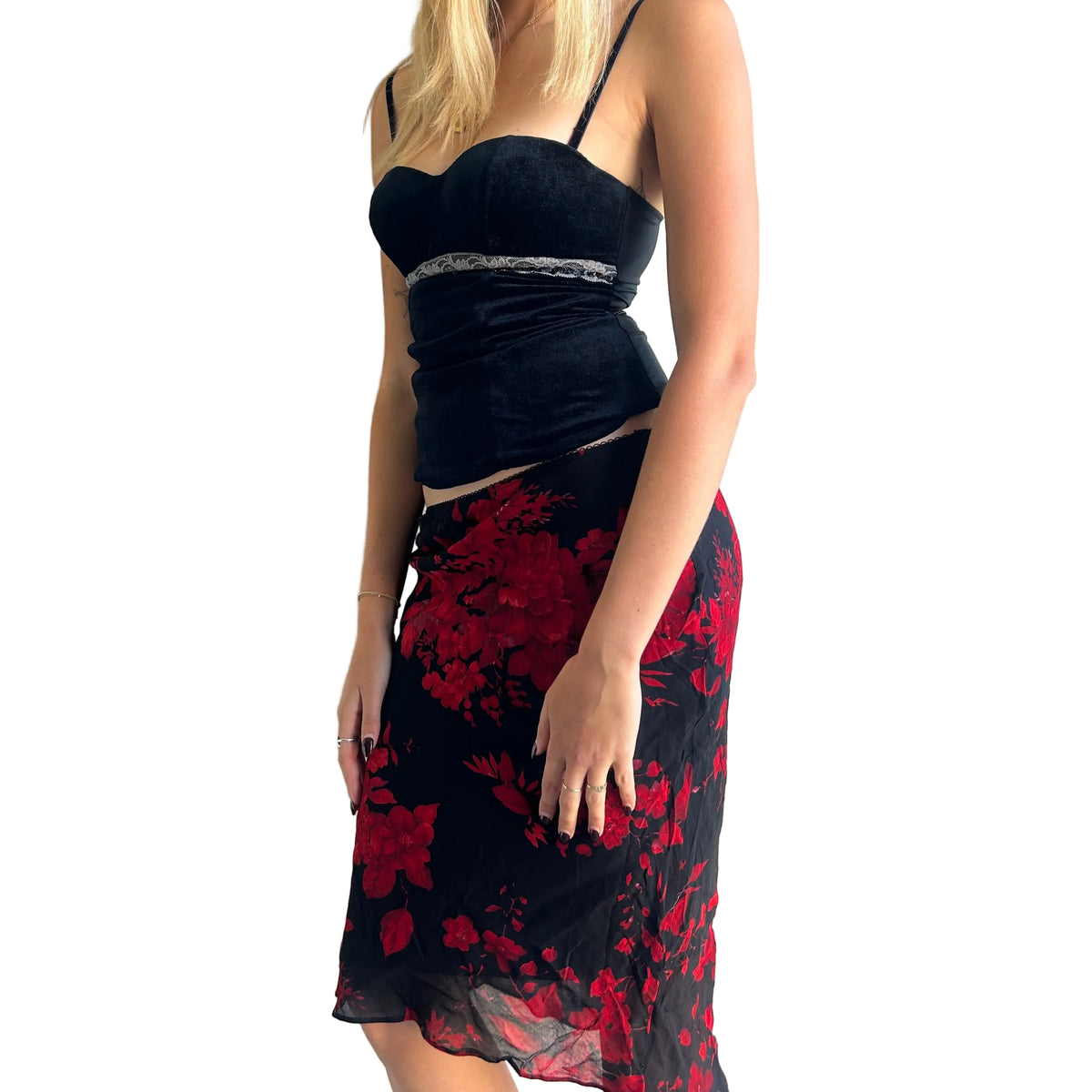 Red floral midi skirt S/M