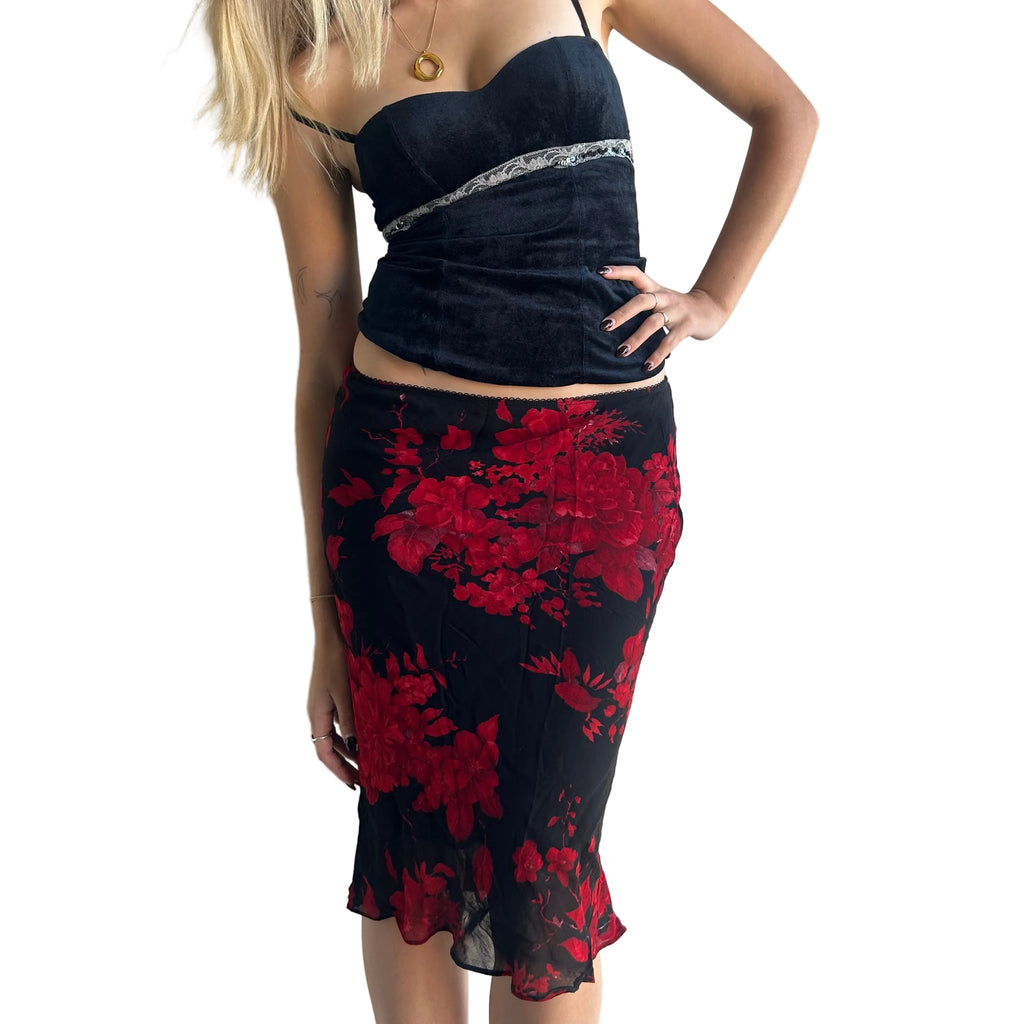 Red floral midi skirt S/M