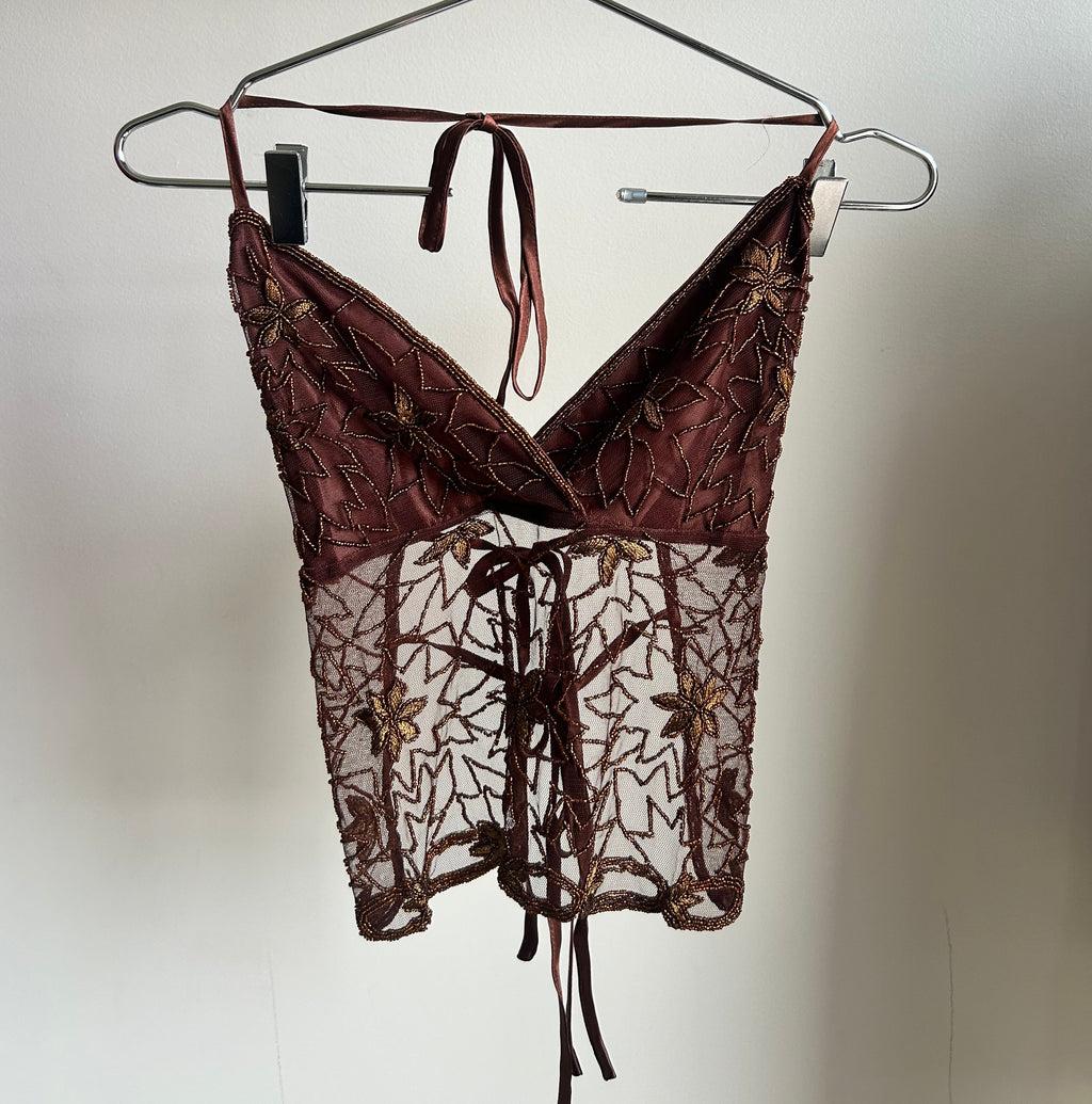 Brown beaded halter/ tie up top M/L