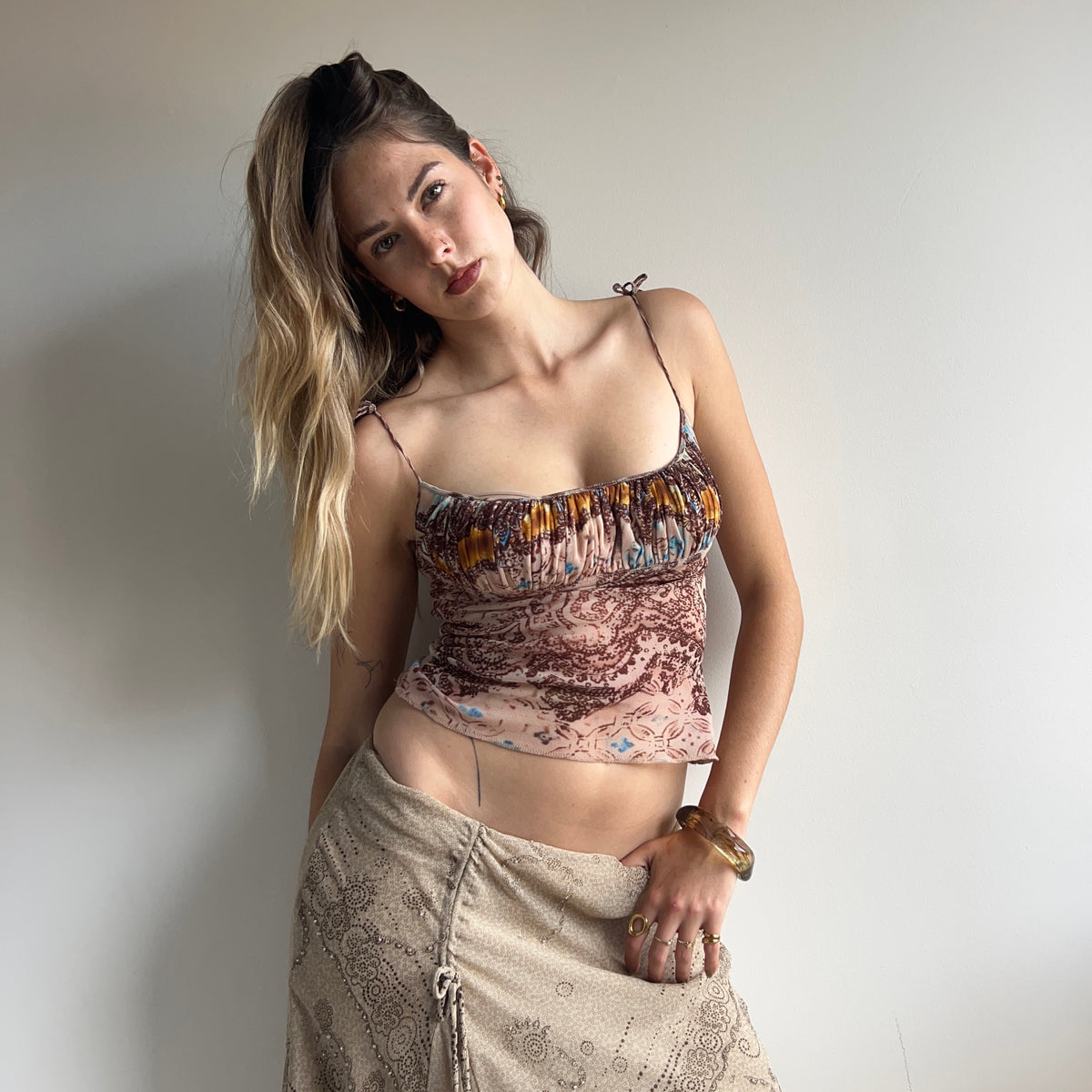 Brown paisley cami with tie up straps XS/S