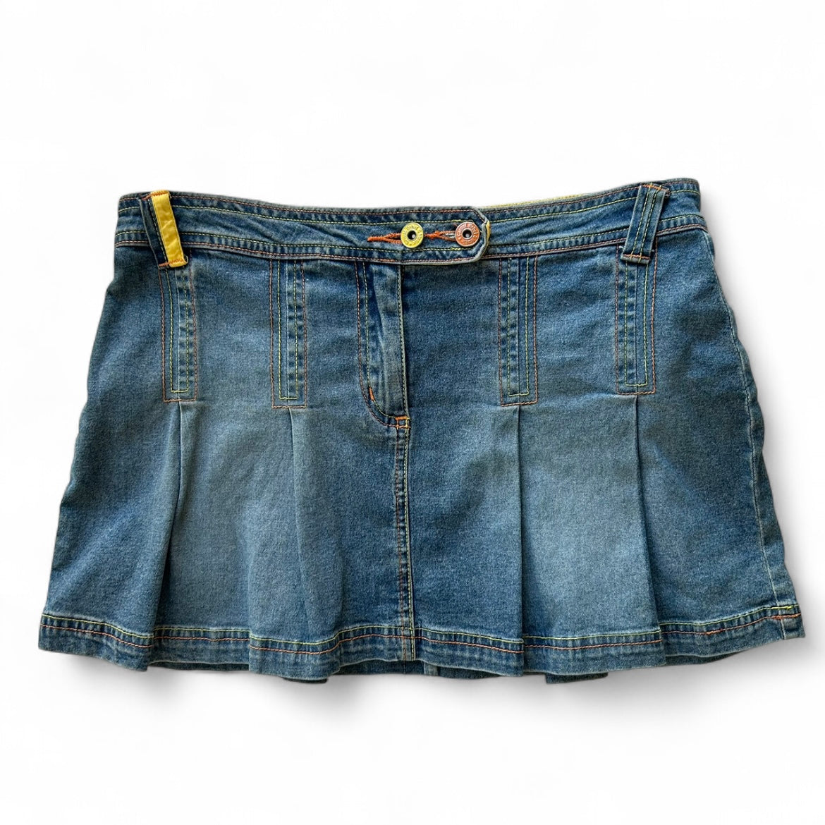 Denim mini skirt with yellow accents