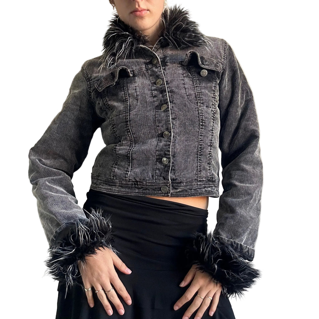 Fishbone corduroy faux fur jacket: S