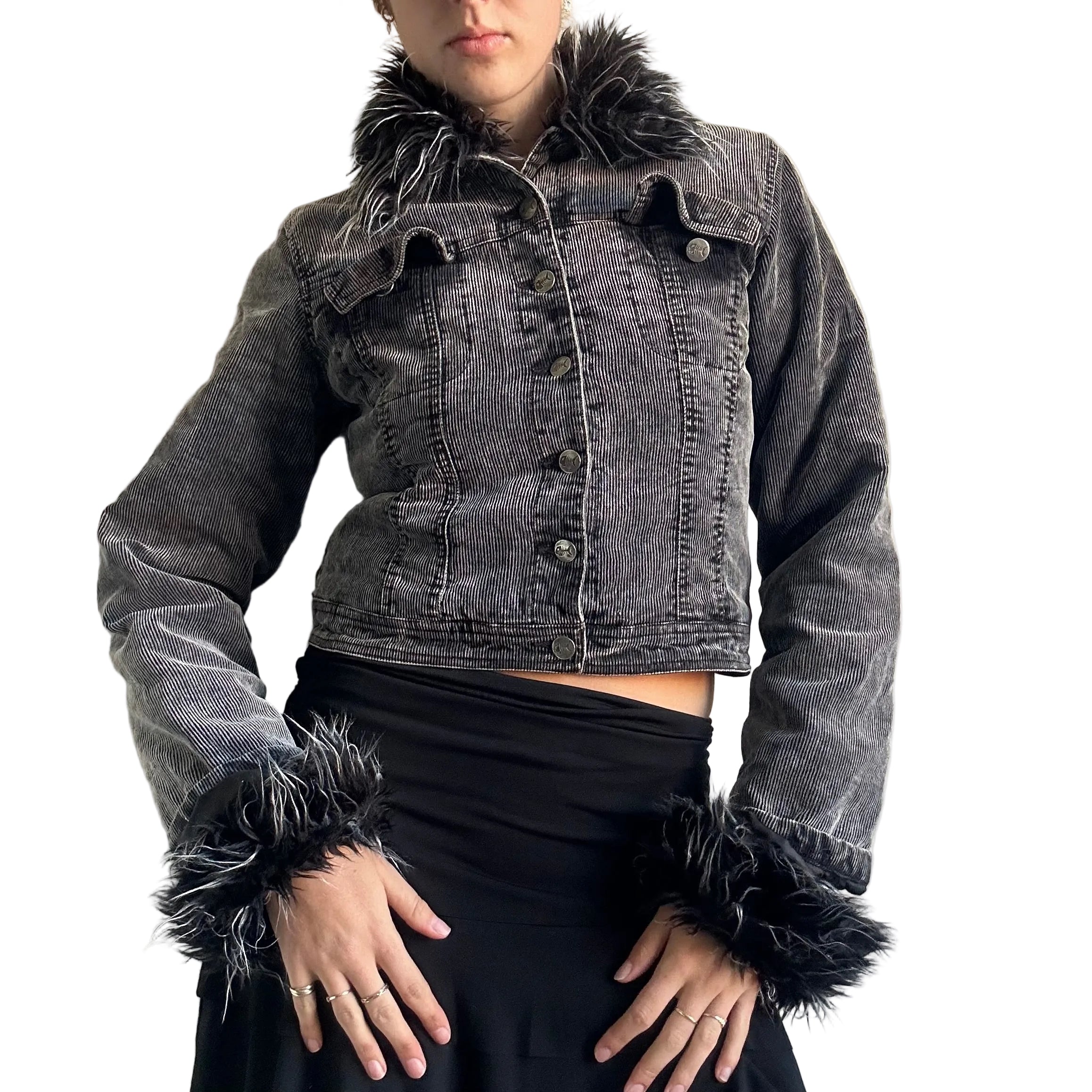 Fishbone corduroy faux fur jacket: S