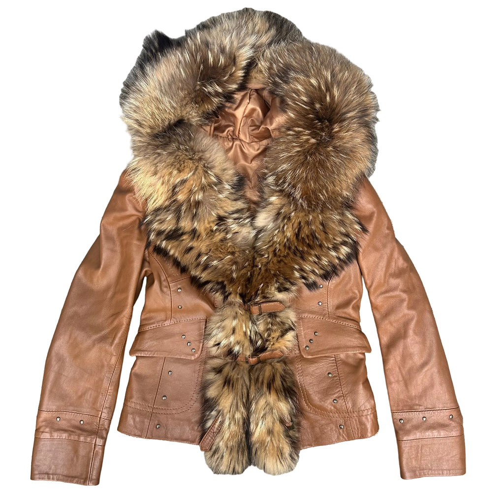 Fur + leather jacket with hood: S/M