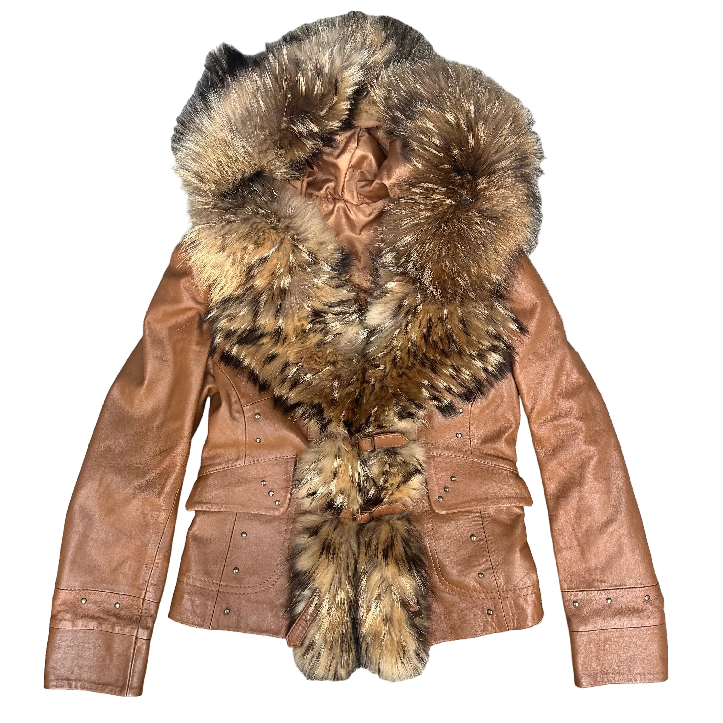 Fur + leather jacket with hood: S/M