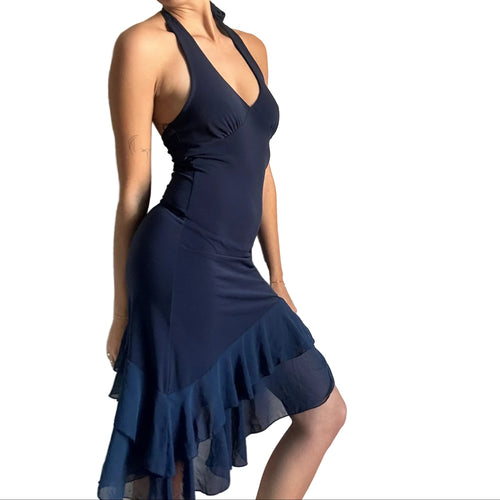 Blue asymmetrical halter dress: M