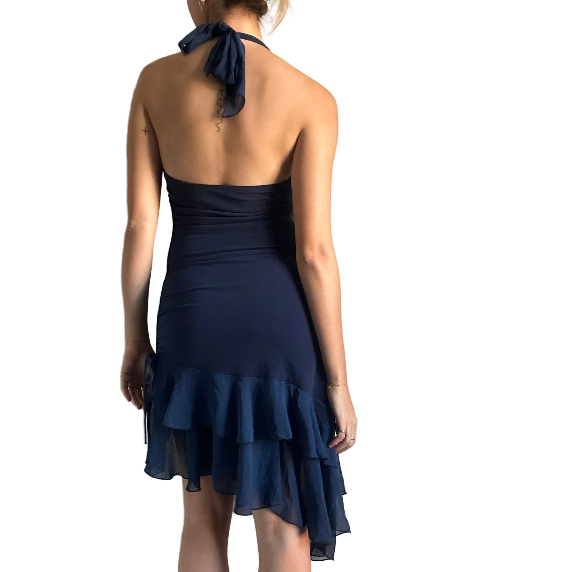 Blue asymmetrical halter dress: M