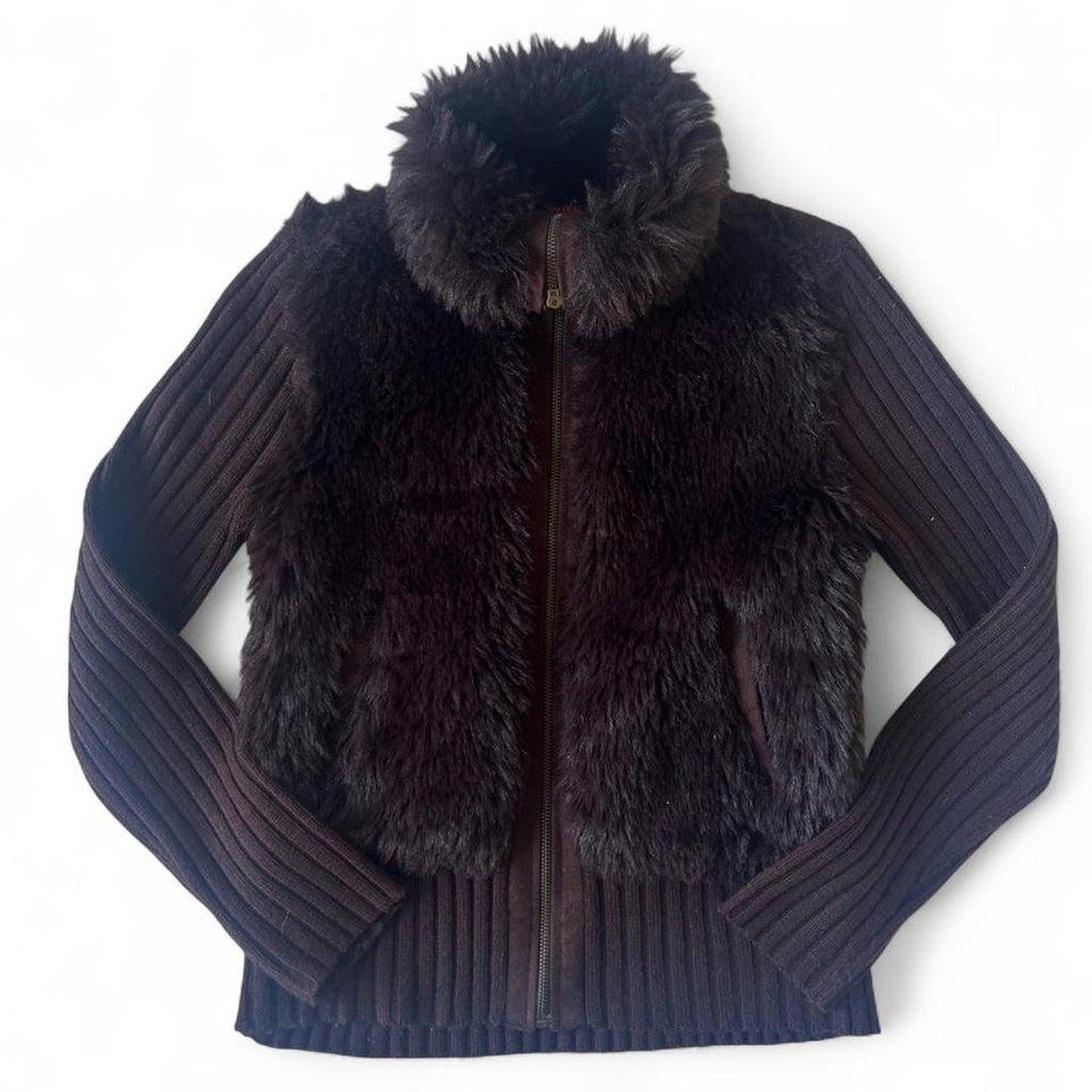 Brown ribbed fluffy zip up jacket M/L