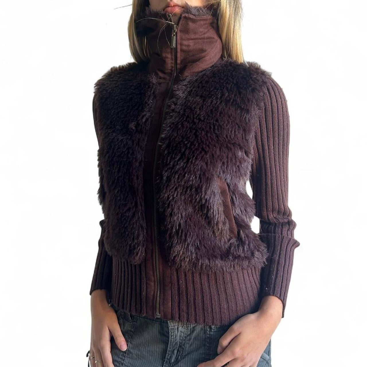 Brown ribbed fluffy zip up jacket M/L