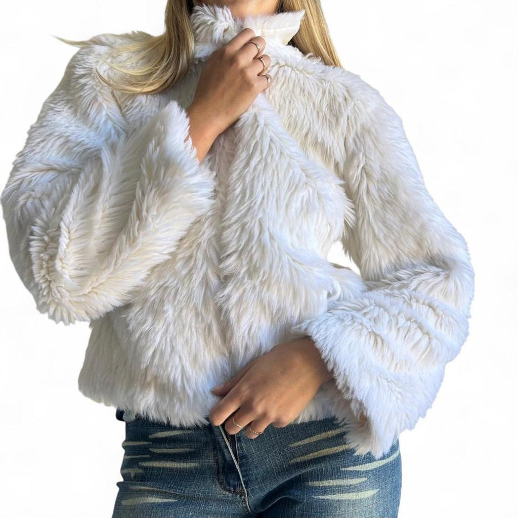 White faux fur zip up jacket- Size M