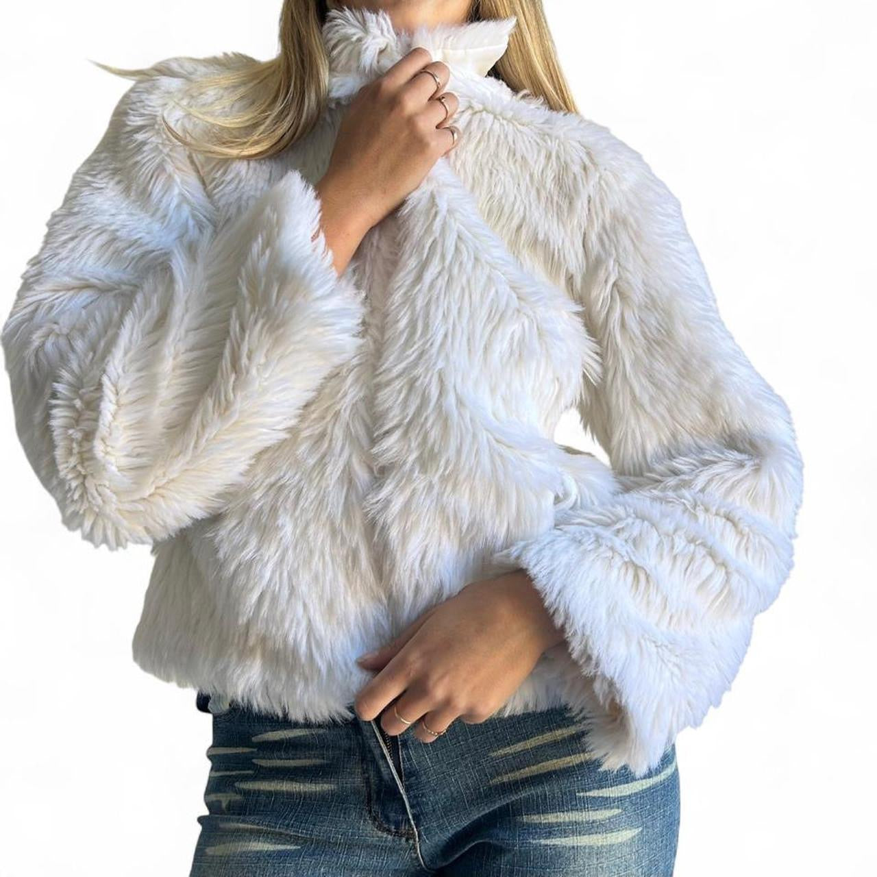 White faux fur zip up jacket- Size M