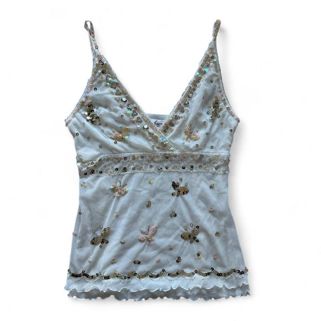 White beaded/ sequin butterfly cami