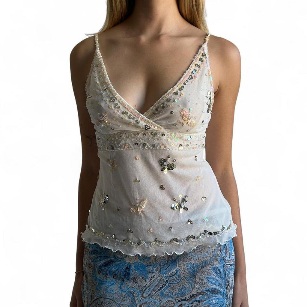 White beaded/ sequin butterfly cami