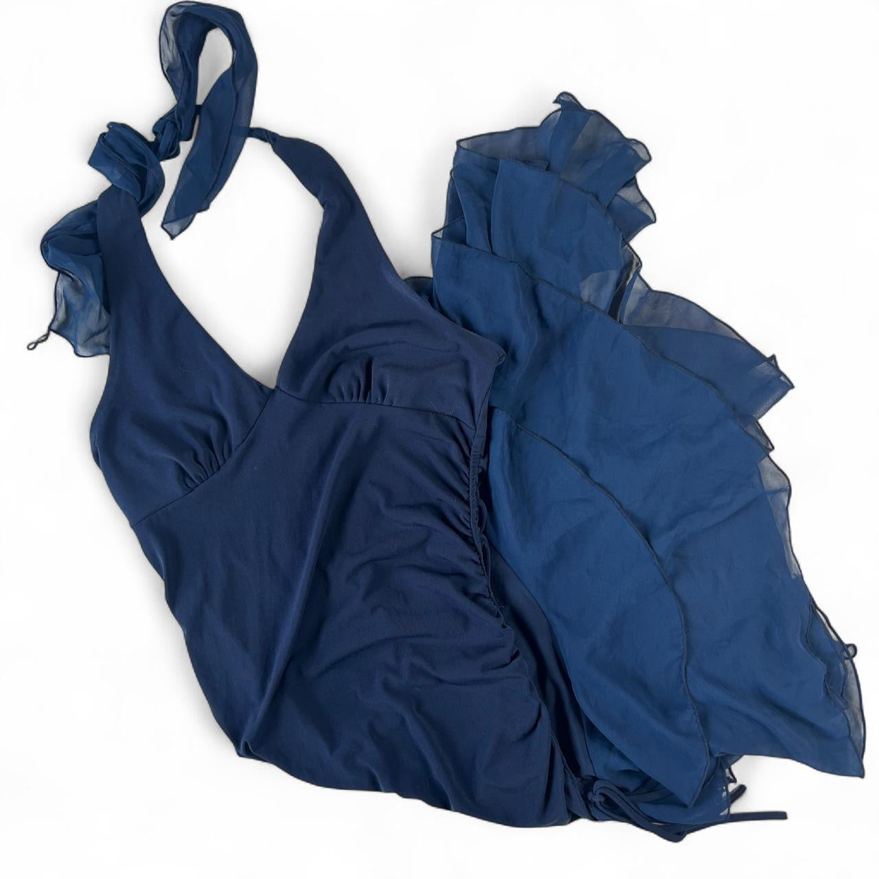 Blue asymmetrical halter dress: M